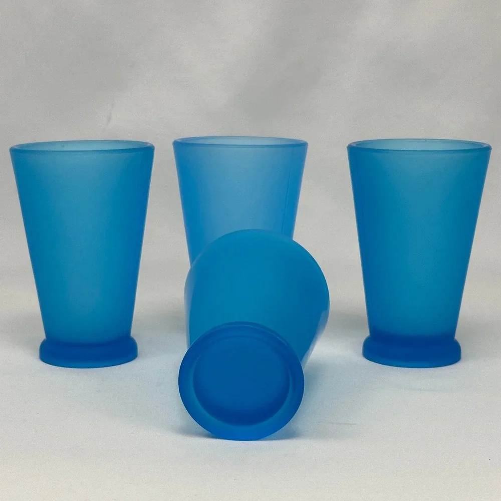 Starbucks‎ Vintage 90s Mod Frosted Blue Teal Footed Glass Tumbler Cup Set of 4